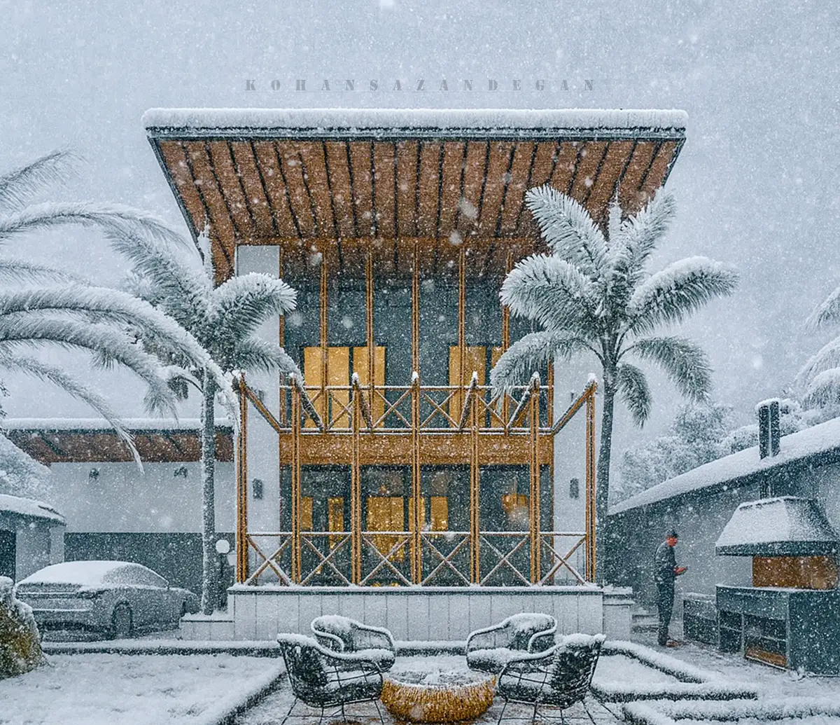 طراحی ویلا دوبلکس با سقف شیبدار | سبک پست مدرن