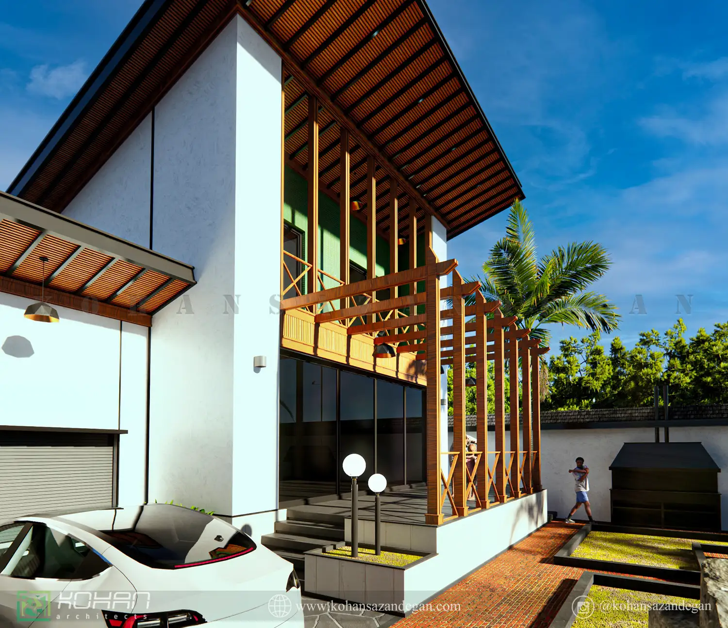 طراحی نمای ویلا دوبلکس به سبک پست مدرن و سنتی 