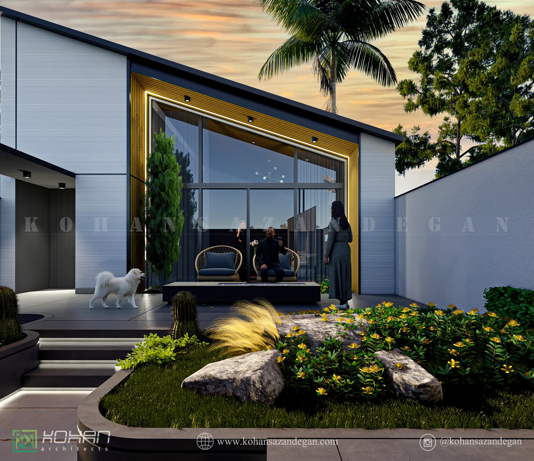 طراحی ویلا لوکس یک طبقه با سقف شیبدار 